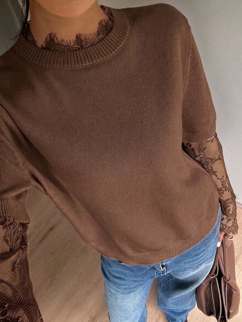 Brown Casual Women's Lace detailed Plush Knit Sweater top - Picture 4 of 9